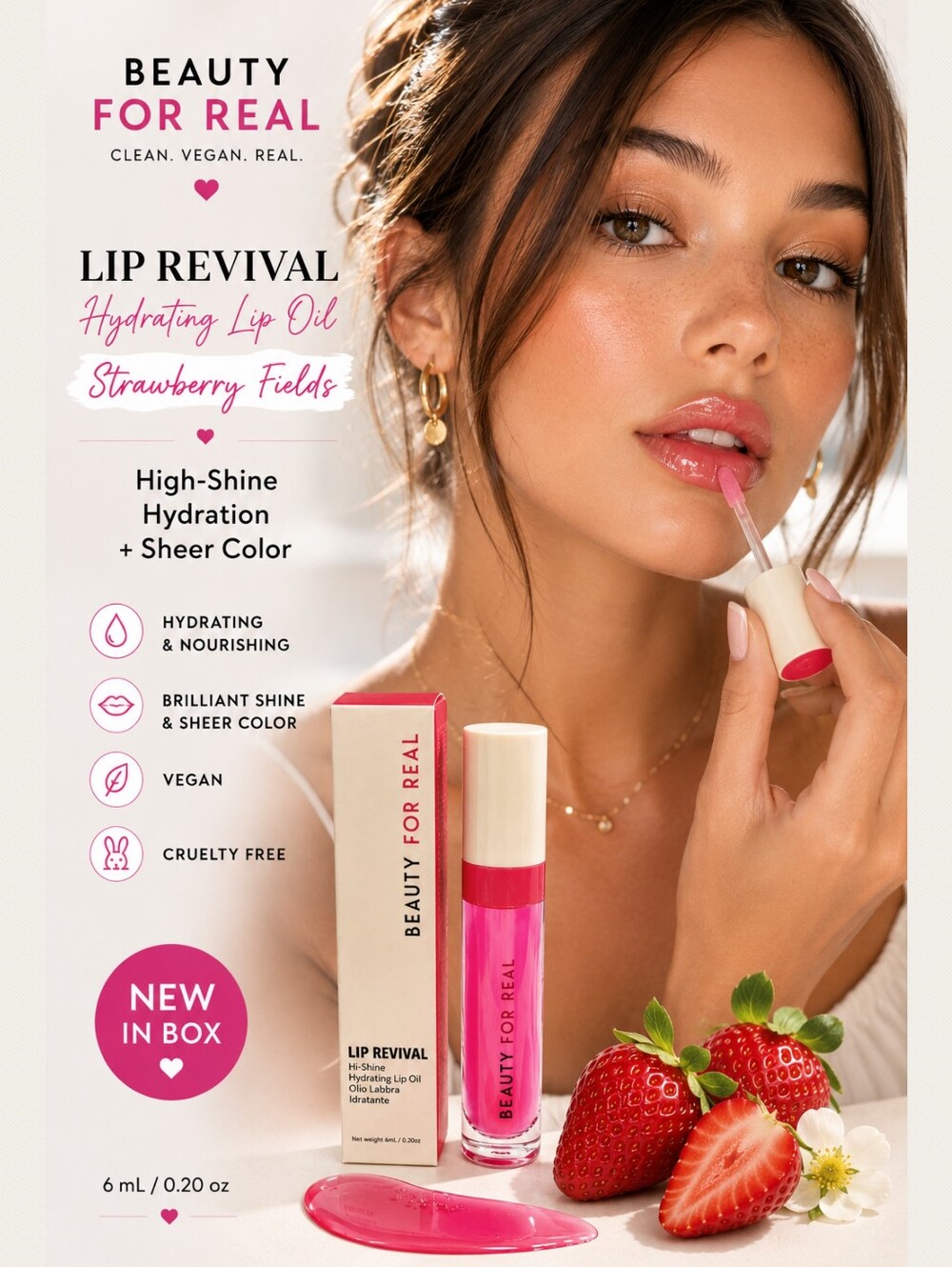 Beauty For Real Lip Revival Hi-Shine Hydrating Lip Oil in Strawberry Fields